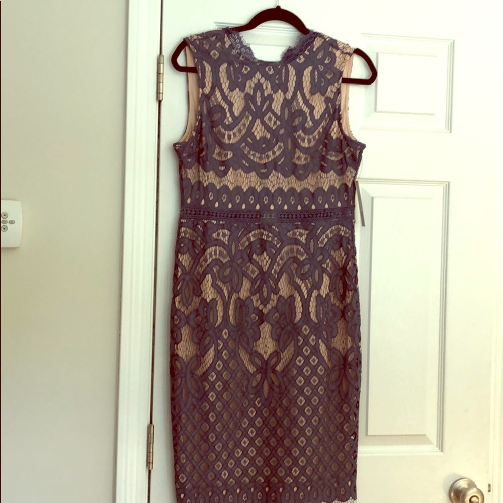 Blue lace dress with nude underlay